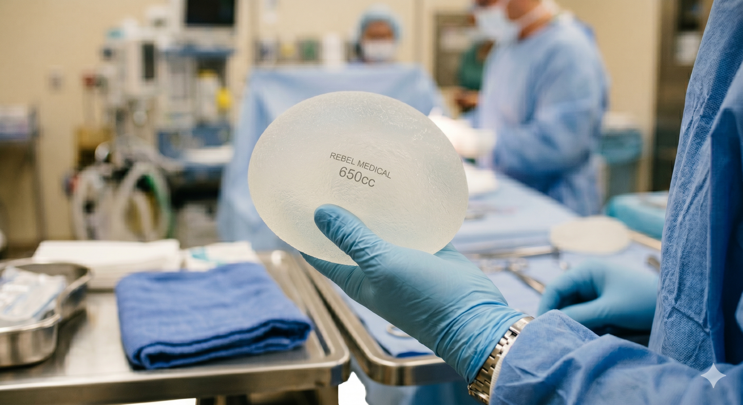 rótese de silicone sendo posicionada em cirurgia de mamoplastia com Técnica Preserve, com foco na preservação dos tecidos mamários.